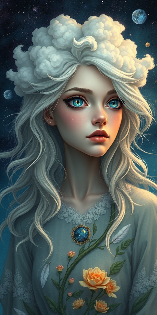 Create a series of imaginative portraits where each subject is infused with elements of fantasy and nature. The hair of the individuals should flow like clouds, varying from soft, fluffy cumulus to wispy cirrus strands, with hints of color reflecting a sunset or a clear blue sky. The eyes should be windows to entire galaxies, with stars, nebulae, and distant planets visible within them. Clothing should be adorned with nature motifs, such as floral patterns that bloom and change, vines that seem to grow and wrap around, or feathers that shimmer with iridescence. Each portrait should capture a unique personality, blending human features with the ethereal beauty of the natural and cosmic world. The backgrounds can vary, from starry night skies to enchanted forests, adding depth and context to the magical realism of the portraits