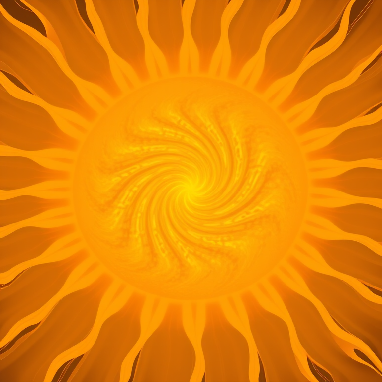 Create an image of a bright yellow sun with swirling patterns in the center and radiating rays around it, captured using a DSLR camera, f/8 aperture, ISO 100, 50mm lens, in a high-contrast style with vibrant colors.