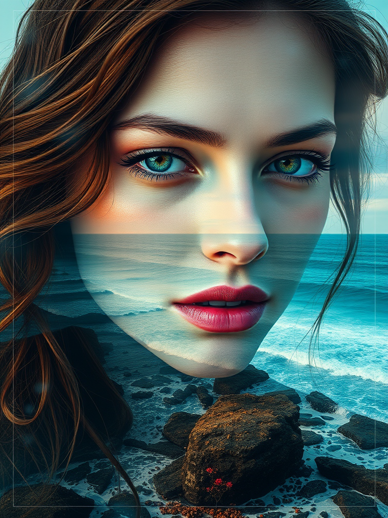 imagine Book cover, A surreal double exposure portrait that blends a woman's face with a beautiful seascape. The overall mood is dreamy and mystical, with rich colors and intricate details