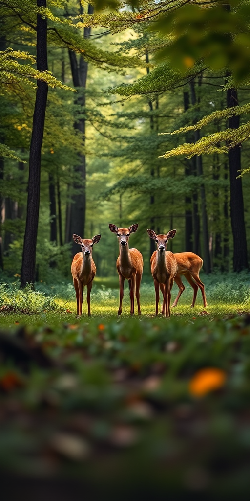 Capture a serene scene of a group of deer in a lush green forest with soft diffused lighting, using a Canon EOS 5D Mark IV, 50mm lens, f/2.8 aperture, ISO 400, 1/200 sec shutter speed, taken from a low angle view to create depth and enhance detail in the foreground with a shallow depth of field.