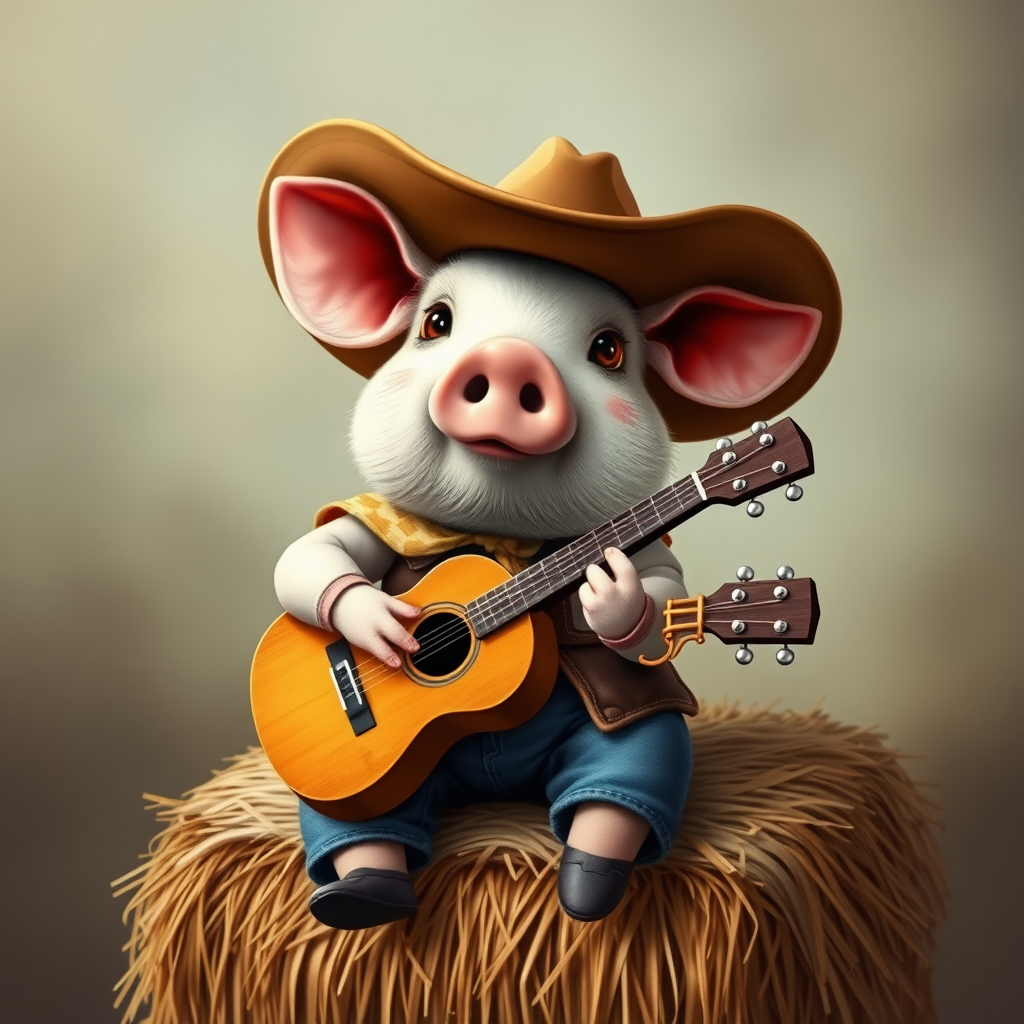 A chibi pig, dressed as a cowboy, playing guitar, sitting on a hay bale