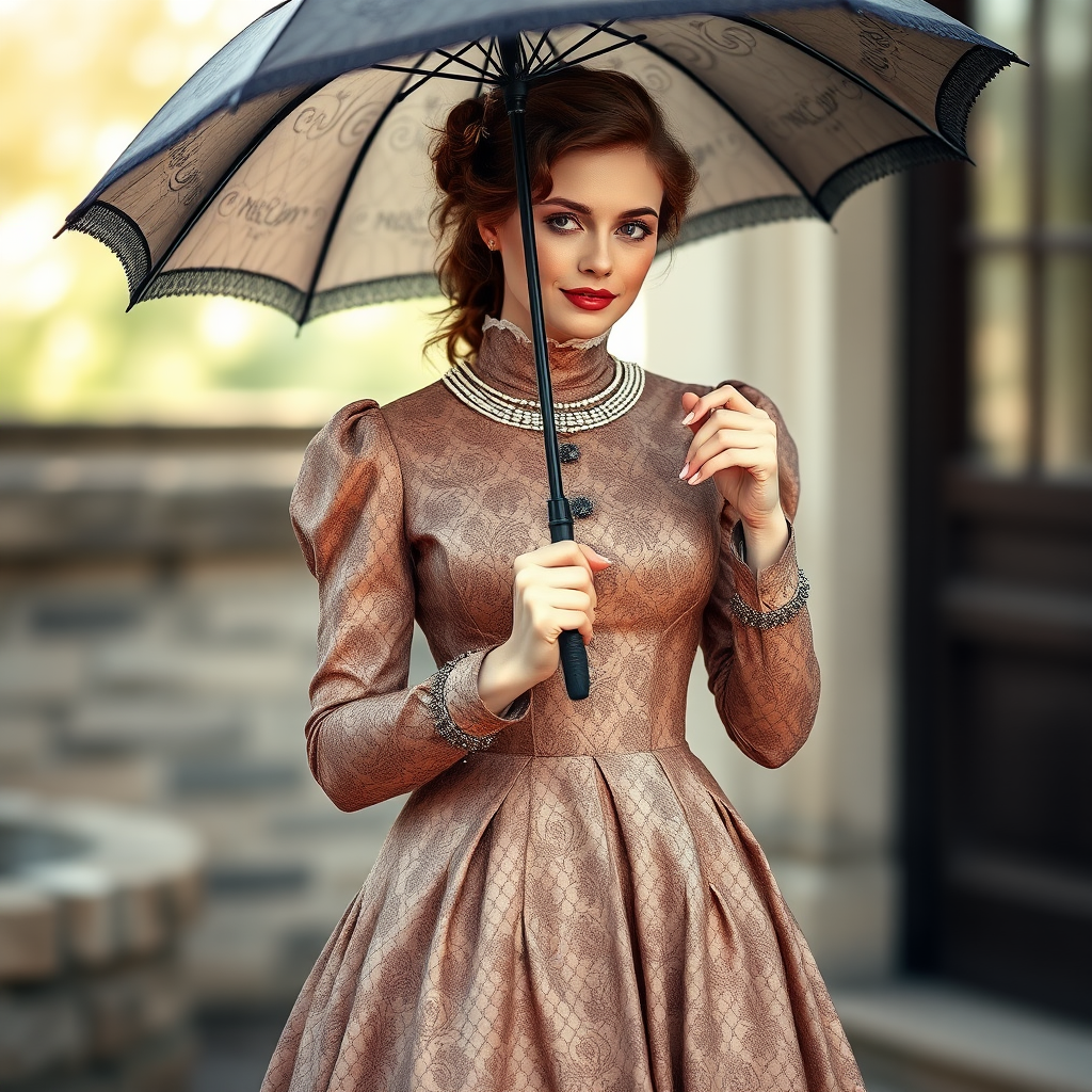 Create a high-resolution image of a woman in a vintage Victorian dress holding an umbrella, shot in natural light with a 50mm lens, aperture set to f/1.8 for a soft background blur, using a DSLR camera with a wide-angle view to capture detailed patterns and textures of the dress.