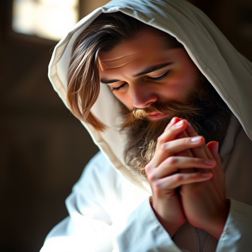 portrait of a man with long hair and beard, wearing a white robe and hood, praying with hands clasped, soft natural light illuminating the face, Canon EOS 5D Mark IV, 85mm lens, f/1.8 aperture, ISO 100, shallow depth of field, soft focus background