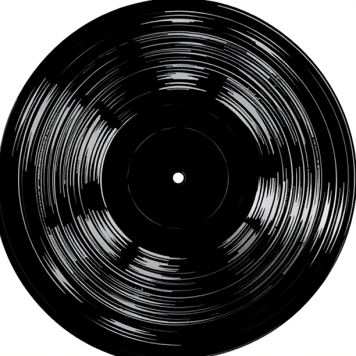 Create a high-contrast black and white illustration of a vinyl record with a spindle, using a DSLR camera with a 50mm lens, aperture set to f/1.8, ISO 100, with a top-down view and soft lighting to enhance texture details.