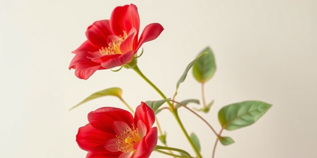 Create a high-resolution image of a delicate floral arrangement featuring two large red flowers with soft green leaves against a light pastel background, captured with a DSLR camera at f/2.8 aperture, 50mm lens, taken from a slightly elevated angle to emphasize depth, and use natural lighting for a soft, warm tone.