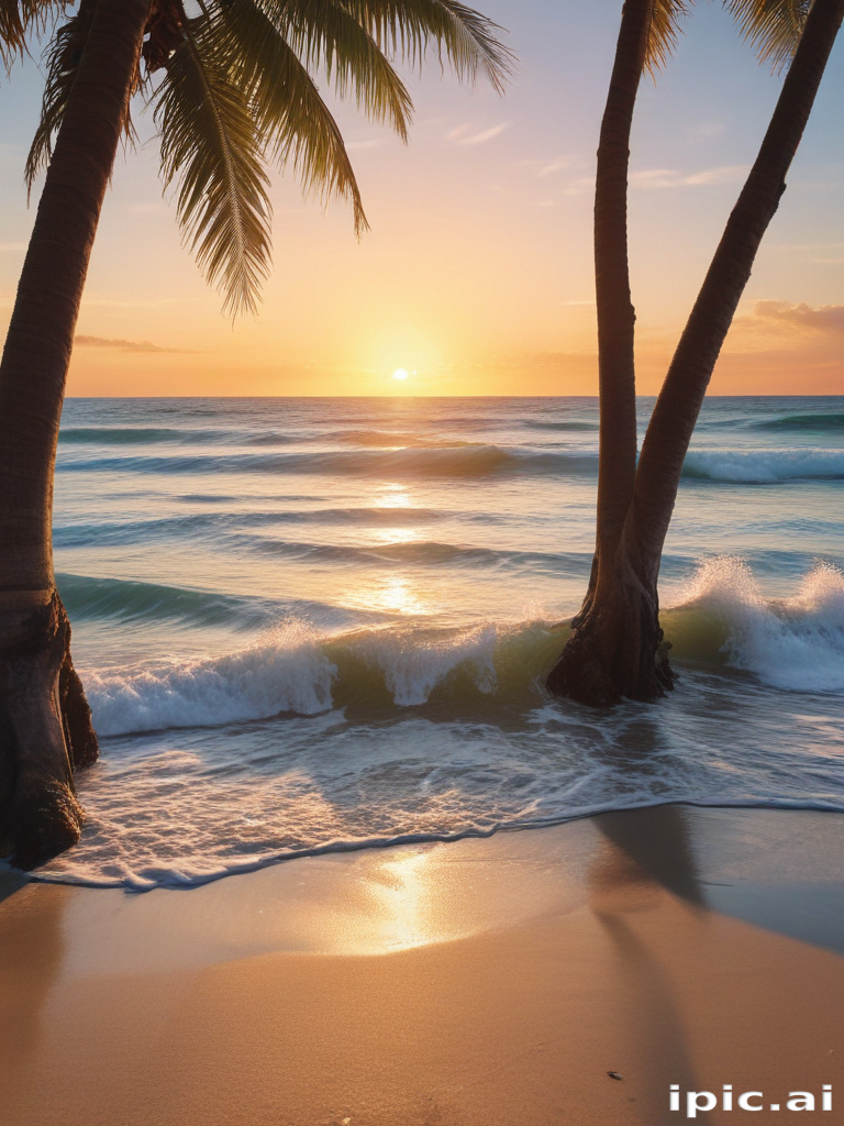 Tranquil Sunset Over Calm Waves with Palm Trees on Serene Beach