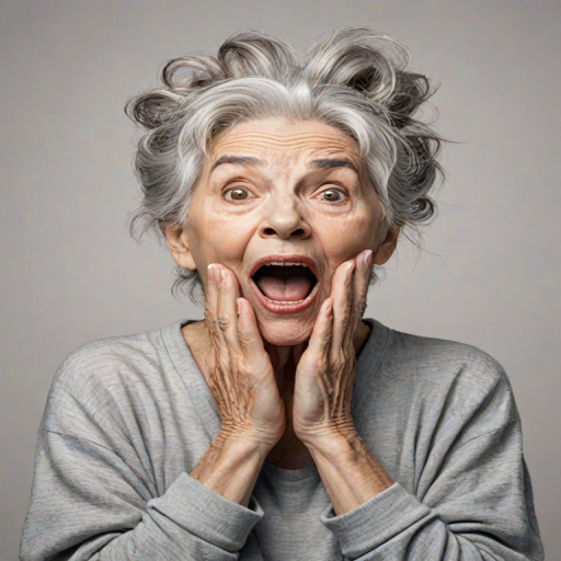 scribbly unfinished sketch, old lady with messy gray hair in a loose bun, surprised expression, mouth open, hands clasped together in front of her chest. Her eyes are wide, eyebrows are furrowed. vibe of shock or surprise.