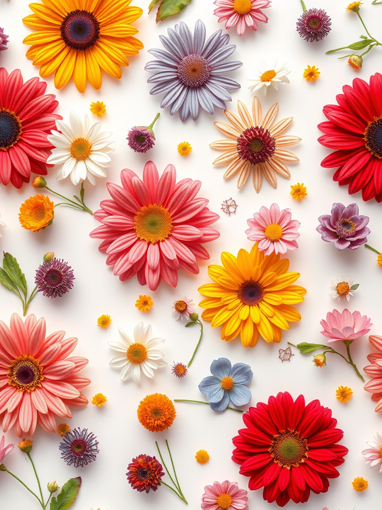Generate a high-resolution floral pattern featuring a variety of colorful flowers on a white background, using a DSLR camera with a 50mm lens, f/2.8 aperture, ISO 100, and natural lighting.