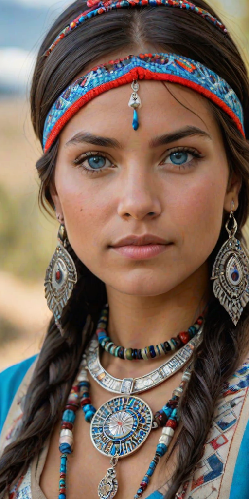 Create a portrait of a beautiful First Nations woman with striking blue eyes and a gentle expression. She is adorned in traditional attire with intricate patterns, including a richly embroidered headscarf and matching garments. Her jewelry includes a delicate headpiece, dangling earrings, and ornate bracelets, all featuring vibrant gemstones and detailed metalwork. The background is soft and warm, enhancing the rich colors of her outfit and jewelry.