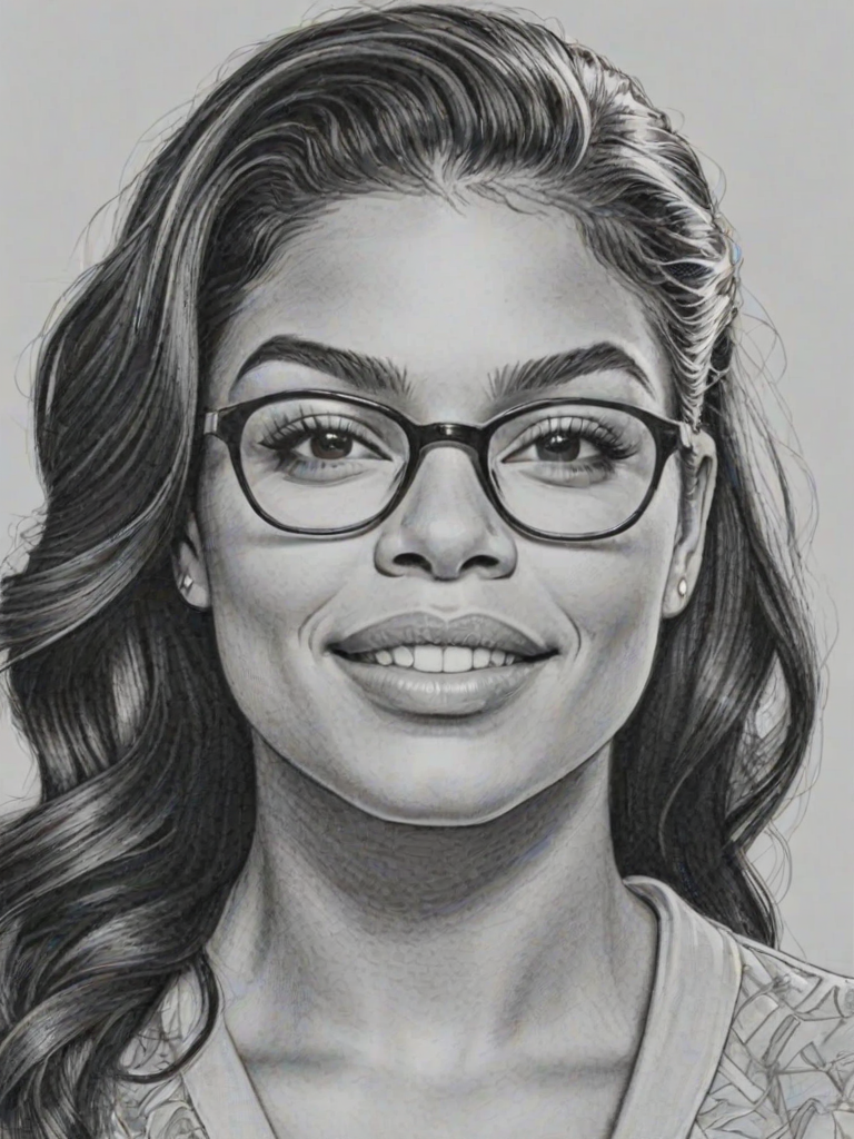 Wonderful Jordin Sparks, pencil sketch, portrait of Magnificent woman 1958s in glasses, hair style beatnik, outline, clear lines, fine lines, 8k