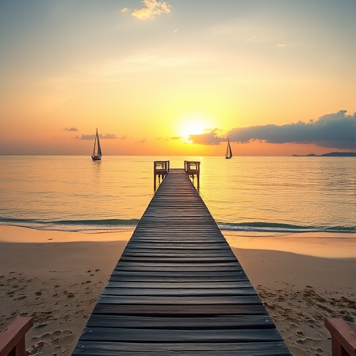 a tranquil beach scene at sunset with a wooden pier extending into calm waters, sailboats in the distance, soft clouds in the sky, captured with a DSLR camera, 50mm lens, aperture f/8, ISO 200, shutter speed 1/200s, in landscape orientation, natural lighting for enhanced clarity