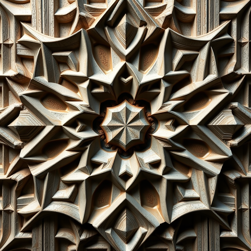 Create a high-resolution image of an abstract geometric pattern, using a Canon EOS R5 camera, 50mm lens, f/1.8 aperture, ISO 100, shot from a top-down view, with soft lighting to enhance the texture and details.