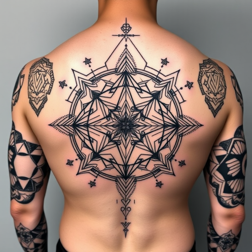 Geometric blackwork tattoo dubbed "Sacred Symmetry" featuring precise angular shapes and patterns inspired by ancient sacred geometry forming a cohesive large-scale design across the back
