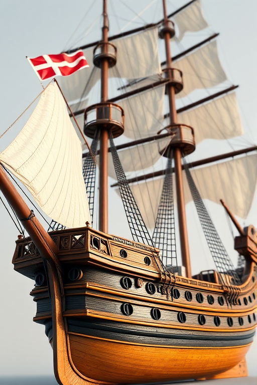 regenerate a detailed 3D rendering of a 19th century sailing ship with a Danish flag, showcasing intricate rigging and hull design, captured from a low-angle view, using a DSLR camera with a 50mm lens, aperture set to f/8 for depth of field, ISO 100, and a shutter speed of 1/125 to enhance image clarity and reduce motion blur.