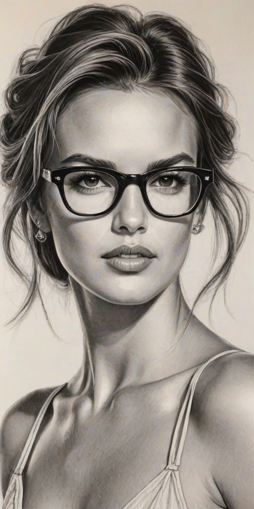 Exquisite Alessandra Ambrosio, pencil sketch, portrait of Delightful woman 1933s in glasses, hair style beatnik, outline, clear lines, fine lines, 8k