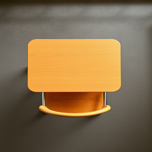 Create an image of a simple classroom desk and chair, top-down view, 50mm lens, f/2.8 aperture, ISO 100, natural lighting, DSLR camera, high resolution.