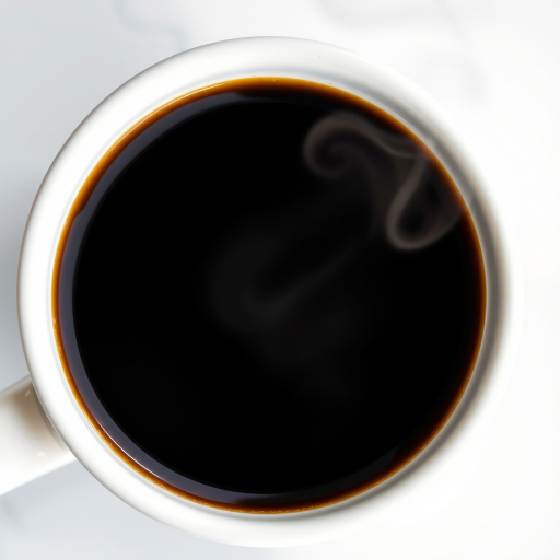 Create a realistic image of a steaming cup of black coffee in a white ceramic mug with a glossy finish, shot from a 45-degree angle, using a DSLR camera with a 50mm lens at f/1.8, ISO 100, and natural lighting to enhance contrast and details.