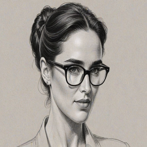 Alluring Jennifer Connelly, pencil sketch, portrait of Wonderful woman 1950s in glasses, hair style beatnik, outline, clear lines, fine lines, 8k
