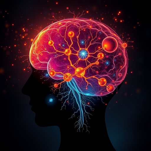 Create a digital artwork of a silhouette of a human head filled with vibrant, glowing neurons and cosmic elements, shot with a Canon EOS R5 at f/1.8, ISO 100, 1/250 sec, using a macro lens for high detail, in soft-focus with dramatic lighting to enhance depth and clarity.