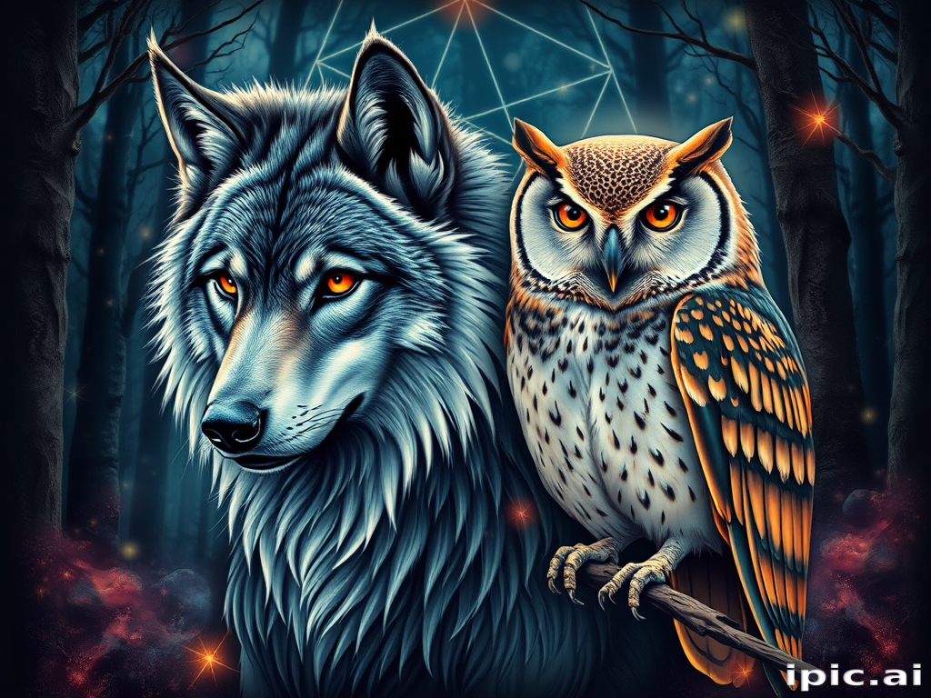 Photorealistic color tattoo titled "Nature's Guardians" showcasing a hyper-detailed wolf and owl in a mystical forest setting, with glowing eyes and ethereal aura effects, incorporating elements of sacred geometry in the background to enhance the magical atmosphere, perfect for a full back or chest piece