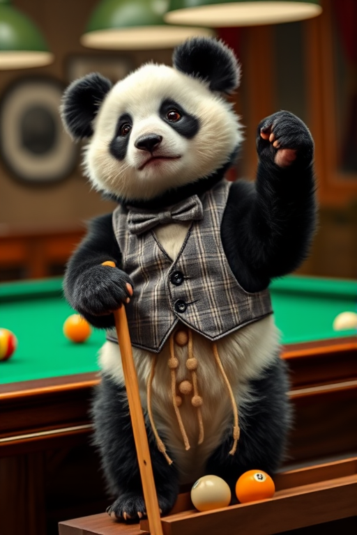 This high-resolution photograph captures a charming panda named Huahua, depicted with her distinctive black and white fur, at a billiards table. Huahua stands on her hind legs, gripping a cue stick with her paws, ready to take a shot. She's wearing a small, stylish vest and bow tie, adding a touch of sophistication to her adorable appearance.