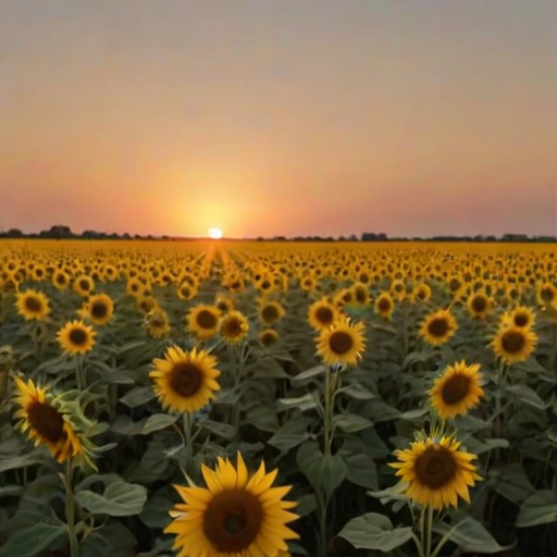 Soft-focus image of a sunflower field stretching toward the horizon, soft golden light creating a warm glow and a gentle breeze making the flowers sway.