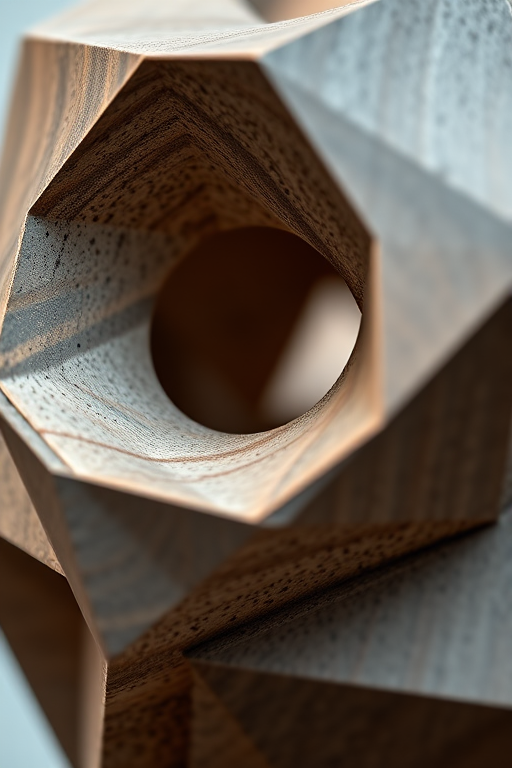 Create a high-resolution close-up image of an abstract geometric shape, shot with a Canon EOS R5, 50mm lens, aperture f/2.8, shutter speed 1/125, ISO 100, natural lighting, with a shallow depth of field to emphasize details and textures.