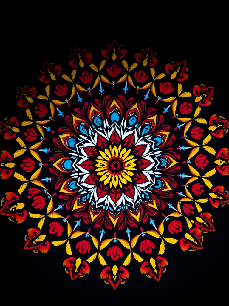 Create a high-resolution circular mandala design featuring intricate floral patterns in vibrant colors including red, blue, and yellow, with a dark background, captured using a Canon EOS R5 with a 50mm f/1.2 lens at f/2.8, ISO 100, in natural lighting for enhanced detail and richness.