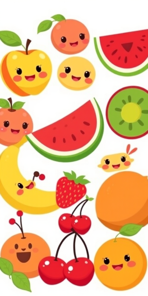create a colorful cartoon illustration of cute fruits including an apple, peach, watermelon, banana, kiwi, strawberry, mango, cherries, and an orange, in a playful layout with vibrant expressions, using a digital tablet with a canvas size of 2000x2000 pixels, at 300 DPI for high resolution, with a soft light setting for enhanced brightness and vivid colors