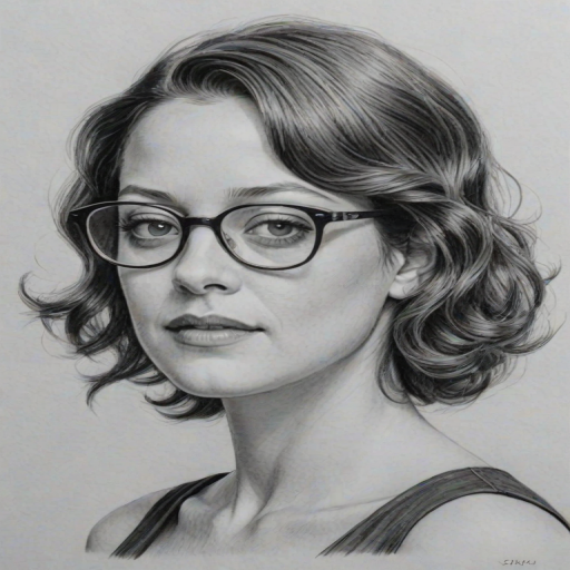 Splendid Marion Cotillard, pencil sketch, portrait of Beauteous woman 1956s in glasses, hair style beatnik, outline, clear lines, fine lines, 8k
