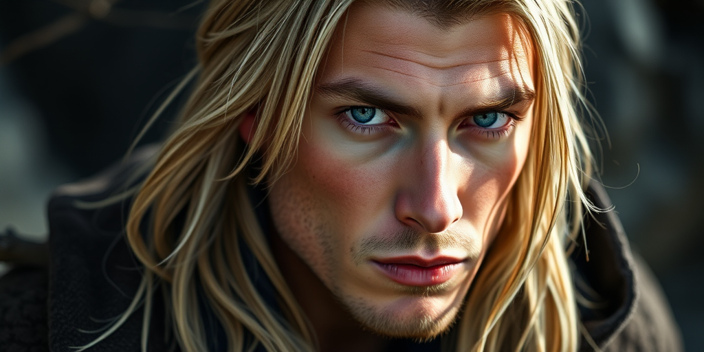 Create a high-resolution portrait of a muscular young man with long blonde hair and striking blue eyes, wearing a rugged, dark cloak, with soft lighting highlighting his facial features, captured with a DSLR camera at f/1.8 aperture, 50mm lens, ISO 100, in a shallow depth of field and a slight vignette effect for added focus.
