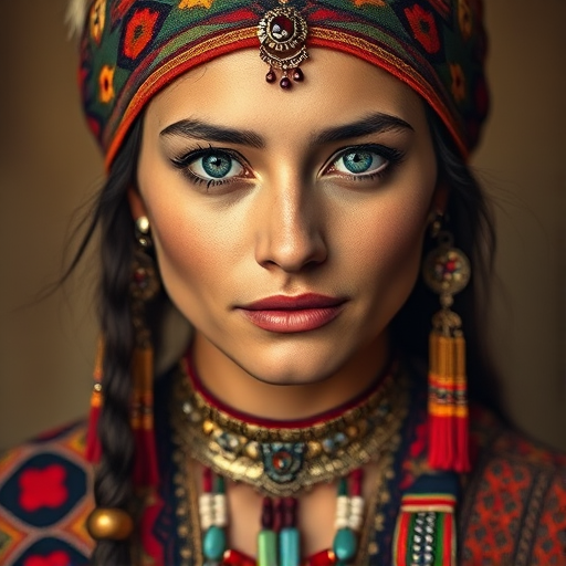 Create a portrait of a beautiful First Nations woman with striking blue eyes and a gentle expression. She is adorned in traditional attire with intricate patterns, including a richly embroidered headscarf and matching garments. Her jewelry includes a delicate headpiece, dangling earrings, and ornate bracelets, all featuring vibrant gemstones and detailed metalwork. The background is soft and warm, enhancing the rich colors of her outfit and jewelry.