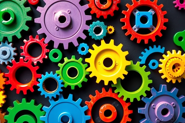 Create a vibrant and colorful arrangement of gears in various sizes and colors with a dark background, captured with a DSLR camera at f/4.0 aperture, 1/125 sec shutter speed, ISO 100, wide-angle lens, and a clear focus to enhance detail and depth.