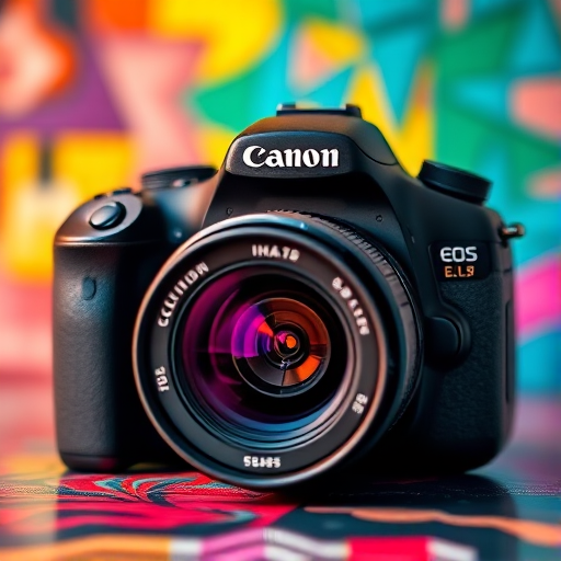 Create an artistic representation of a Canon EOS DSLR camera with a Canon lens, focus on vibrant colors and abstract patterns, use a shallow depth of field, ISO 100, f/2.8, shutter speed 1/125s, positioned at eye level with a macro lens effect.