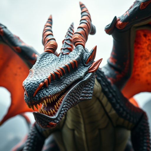 Create a highly detailed and realistic image of a fierce dragon with intricate scales and vivid colors, captured in a dramatic low-angle shot using a DSLR camera with a 50mm lens at f/2.8, ISO 100, and a shutter speed of 1/200s, emphasizing its menacing expression and expansive wings.