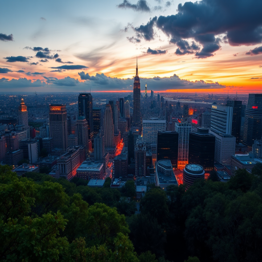 Generate a high-resolution urban skyline image at dusk showcasing a detailed cityscape with prominent buildings and greenery in the foreground, captured with a Canon EOS R5 at f/11, ISO 100, 1/60s, using a wide-angle lens from a bird's eye view for vibrant colors and sharp details.