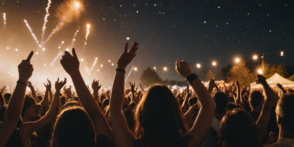 Crowded music festival under the stars, the stage lights illuminating the night, and a woman dancing with friends, her arms in the air as music pulses through the air.