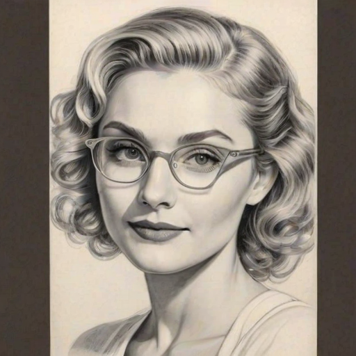 Splendid Clare Bowen, pencil sketch, portrait of Graceful woman 1937s in glasses, hair style beatnik, outline, clear lines, fine lines, 8k