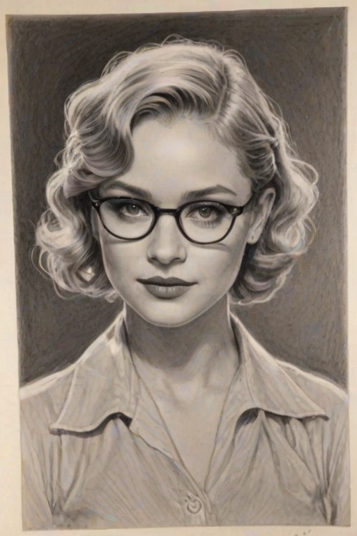 Splendid Natalie Alyn Lind, pencil sketch, portrait of Resplendent woman 1928s in glasses, hair style beatnik, outline, clear lines, fine lines, 8k