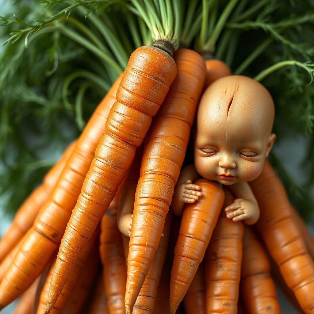A bunch of carrots in the form of anthropomorphic babies.