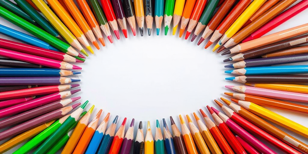 Create an image of a vibrant array of colored pencils arranged in a border around a blank center, using a DSLR camera, f/2.8 aperture, 50mm lens, ISO 100, shot from a top-down view with natural light to enhance color saturation and detail.
