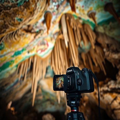 Capture a detailed image of a colorful cave interior showcasing stalactites and stalagmites, using a DSLR camera with a 24mm lens, aperture set to f/8 for depth of field, ISO 400 for low light, and a tripod for stability, with soft diffused lighting to highlight the textures in the rock formations.