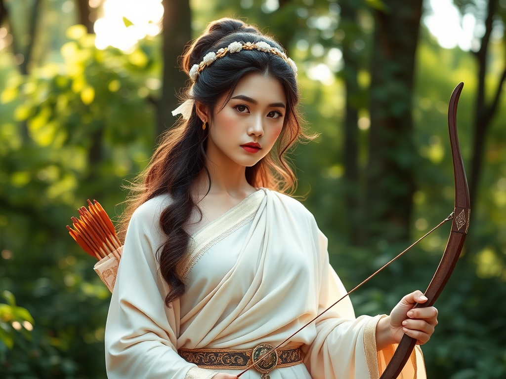 Create a portrait of a goddess-like Uyghur girl figure in a tranquil, forested environment. She has an elegant appearance with long, wavy hair styled in an updo and adorned with a delicate, floral headband. She wears a flowing, ancient Greek-inspired gown in a soft, pale color, featuring a one-shoulder design and draped fabric that accentuates her graceful form. The outfit includes a decorative belt with ornate gold detailing, and she holds a bow in her hand, with a quiver of arrows slung over her shoulder. The background depicts lush greenery, with sunlight filtering through the trees, casting a gentle, ethereal light on the scene. Her expression is calm and contemplative, embodying a sense of wisdom and serenity.