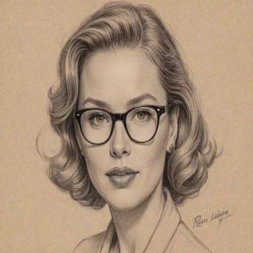 Resplendent Ren'e Zellweger, pencil sketch, portrait of Attractive woman 1951s in glasses, hair style beatnik, outline, clear lines, fine lines, 8k