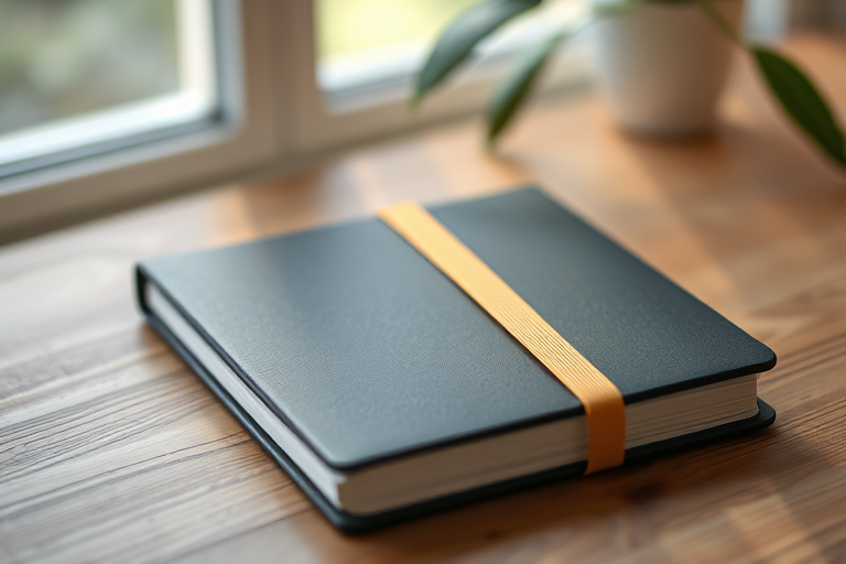 Create a high-resolution image of a closed black notebook with a yellow band in a natural light setting, using a DSLR camera with a 50mm lens, f/2.8 aperture, ISO 100, and a slight overhead angle for depth.