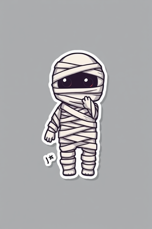 create a kawaii Mummy wrappings sticker, 3d digital art, grey background, sticker line weight