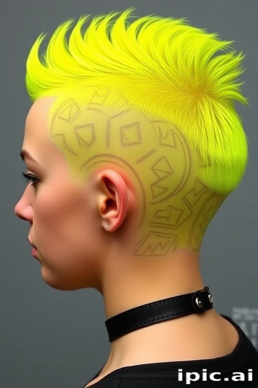 Neon yellow buzz cut with intricate geometric patterns shaved into the sides, called "Electric Hive," featuring a bold, futuristic aesthetic and a high-shine finish