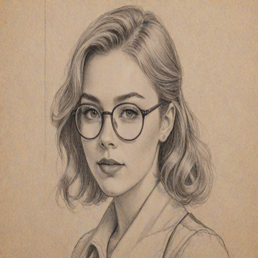 Charming Peyton List, pencil sketch, portrait of Enchanting woman 1925s in glasses, hair style beatnik, outline, clear lines, fine lines, 8k