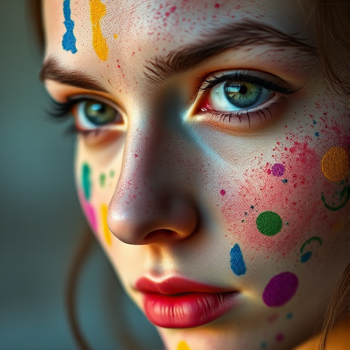 close-up portrait of a woman with colorful paint splatters on her face, soft natural lighting, f/1.8 aperture, 50mm lens, ISO 100, shallow depth of field, captured with a DSLR camera, focus on eyes and textures of paint.