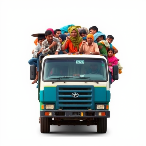 Create an image of a truck overloaded with passengers, featuring a front view with a clean white background, using a DSLR camera set to f/2.8 aperture, 50mm lens, ISO 100, and 1/200s shutter speed for sharp details and vibrant colors.